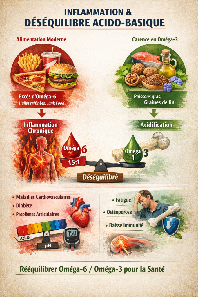 Déséquilibre entre oméga-6 et oméga-3 dans l’alimentation moderne favorisant l’inflammation et l’acidification du corps