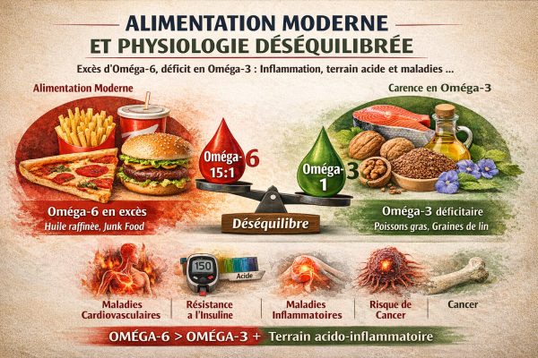 Alimentation moderne, excès d’oméga-6, déficit en oméga-3 : comprendre le lien entre inflammation chronique, terrain acide, métabolisme et maladies.